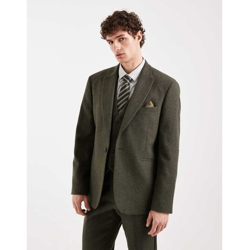 ASOS DESIGN wool mix slim suit jacket in khaki herringbone-Green