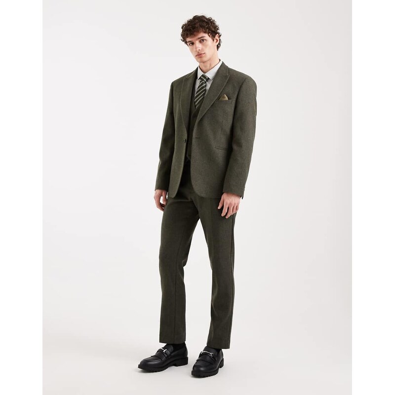 ASOS DESIGN wool mix slim suit jacket in khaki herringbone-Green