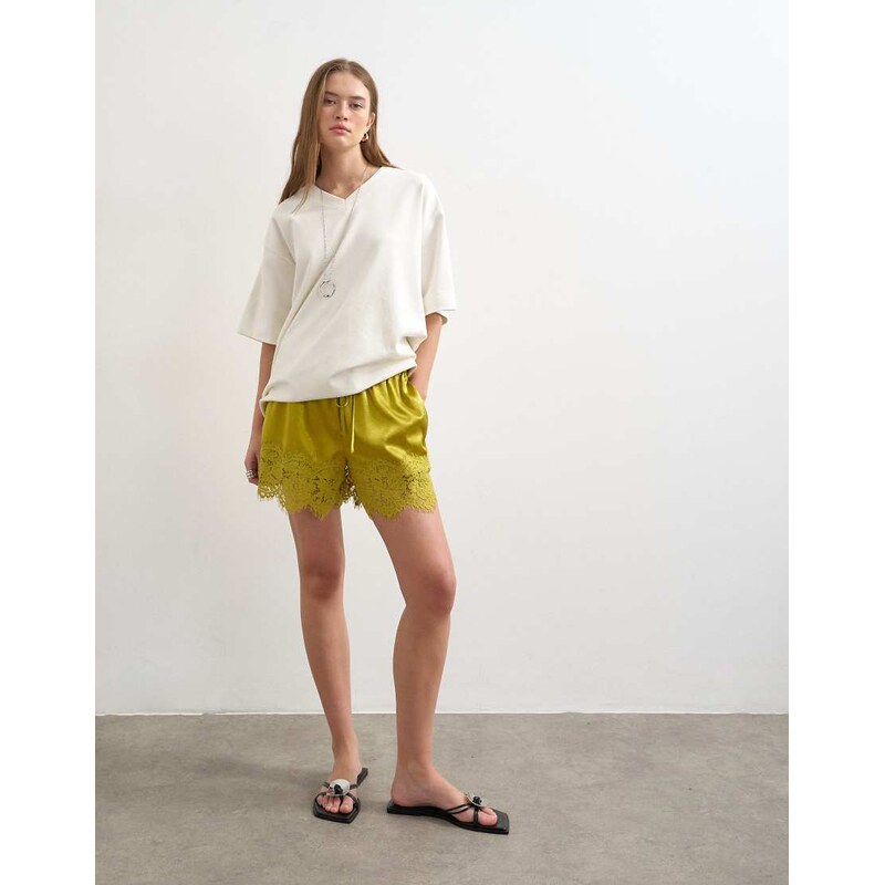 Topshop crinkle satin a-line mini short with lace trim in