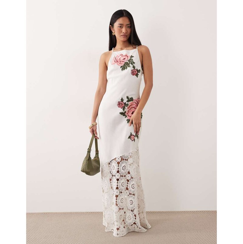 ASOS DESIGN racer neck embroidered detail crochet hem maxi dress