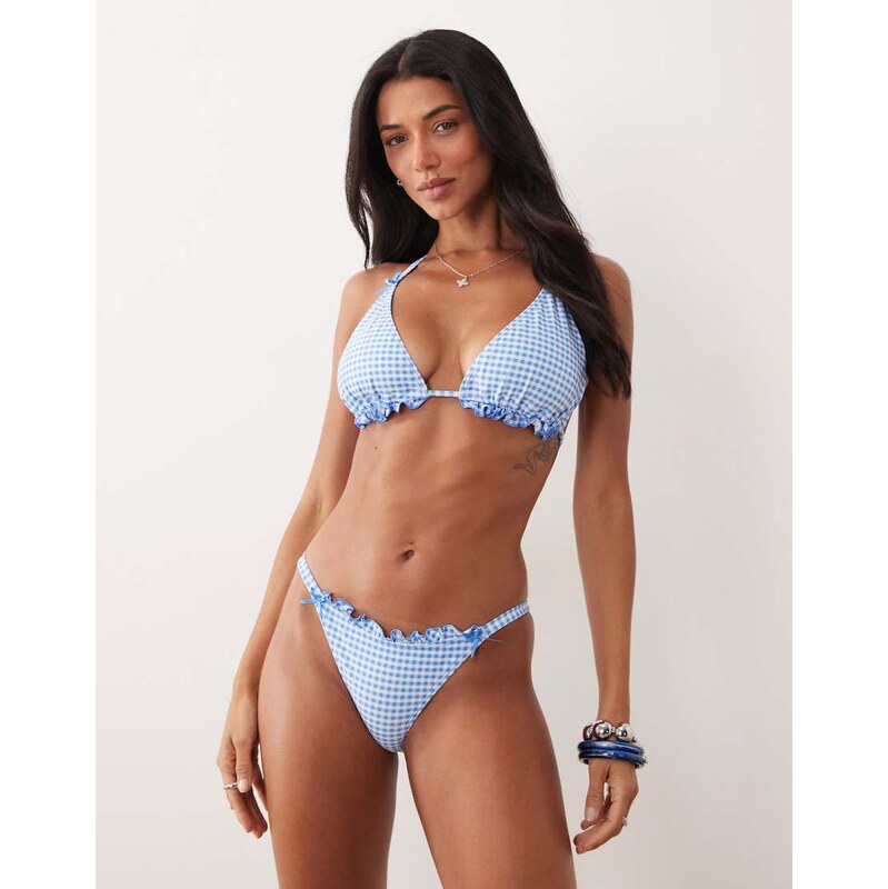 Peek & Beau bikini bottom with bow & frill trim detail in blue & white 114339360