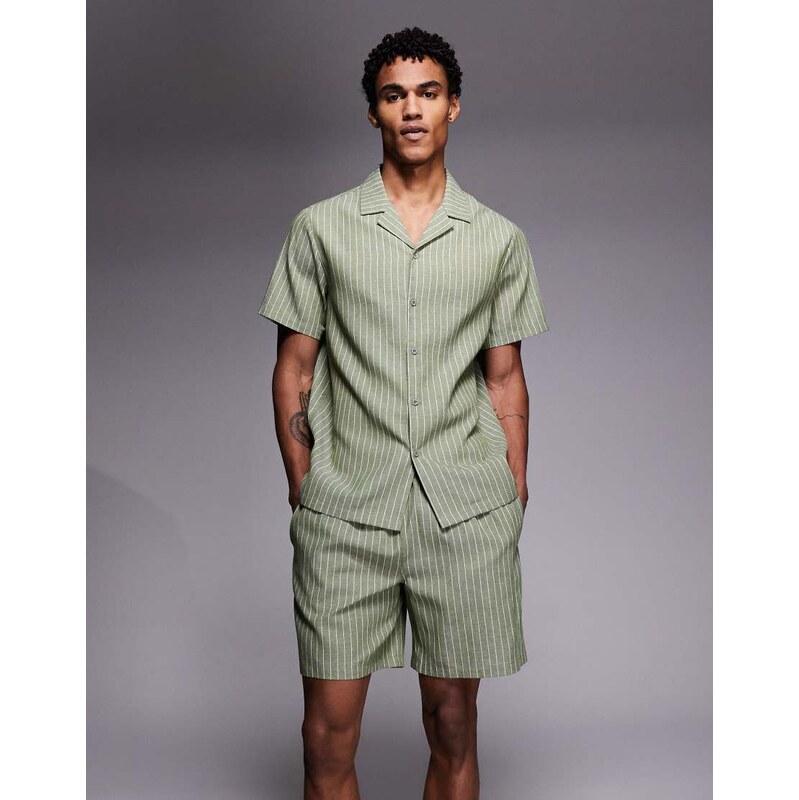 South Beach linen short in khaki stripe-Green