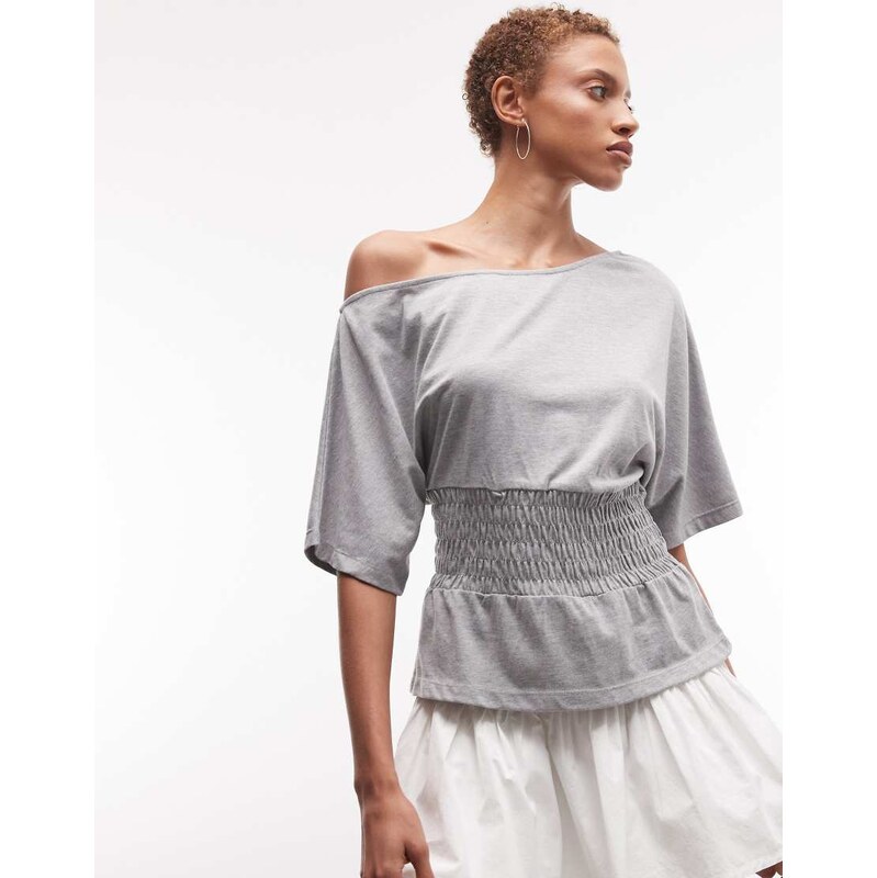 COLLUSION off shoulder shirred top in grey marl-White