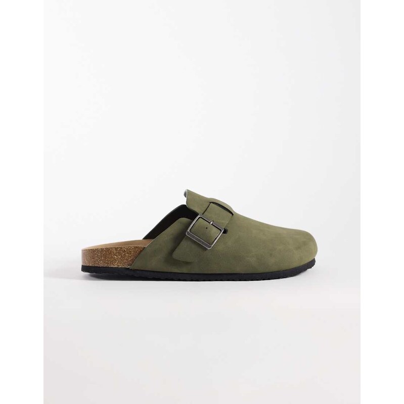 ASOS DESIGN mule sandals with cork sole in khaki-Green