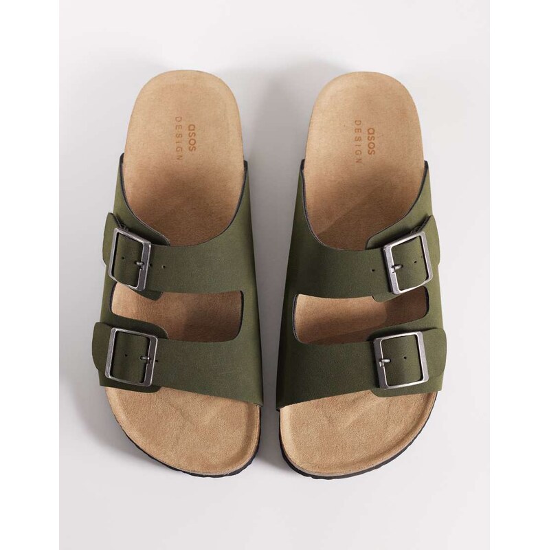 ASOS DESIGN two strap sandals with cork sole in khaki-Green