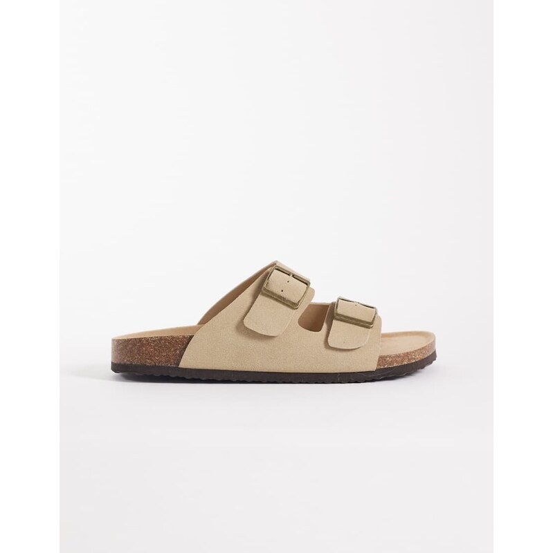 ASOS DESIGN two strap sandals with cork sole in stone-Neutral