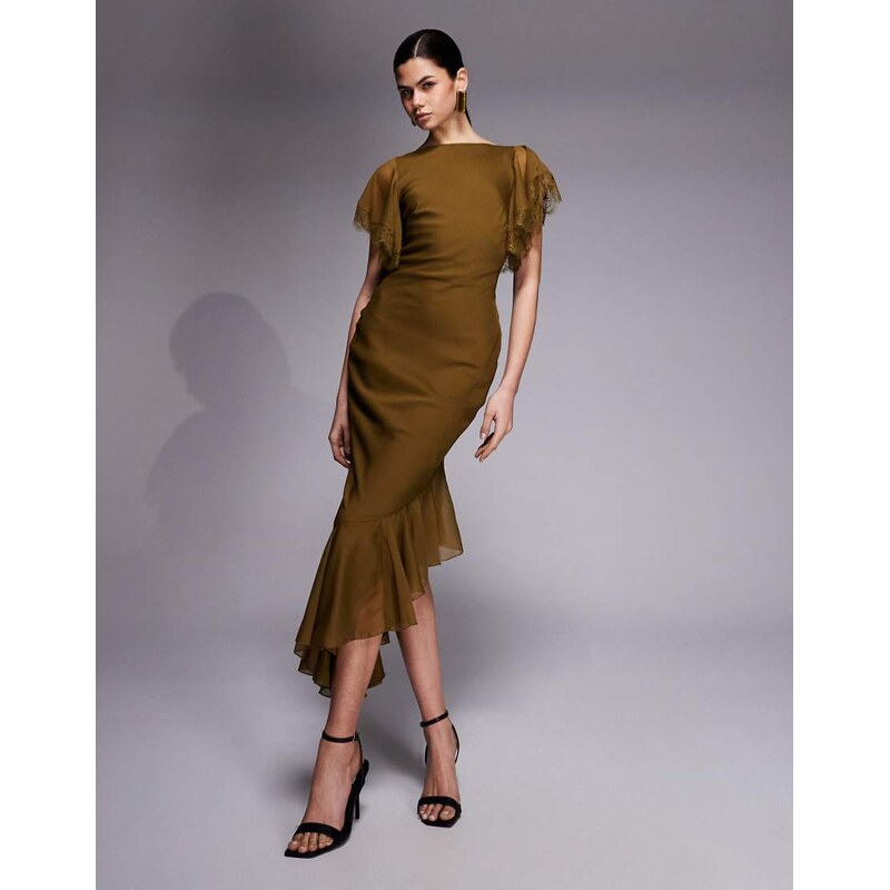 ASOS DESIGN high neckline midaxi dress with flutter sleeve and