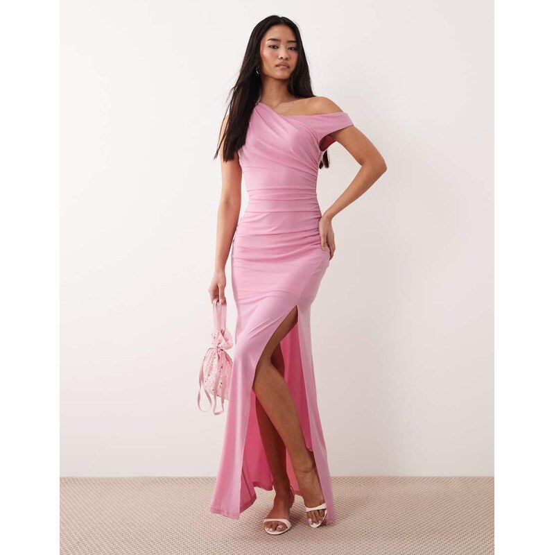 TFNC slinky fallen shoulder thigh split midaxi dress in dusky pink 115522519