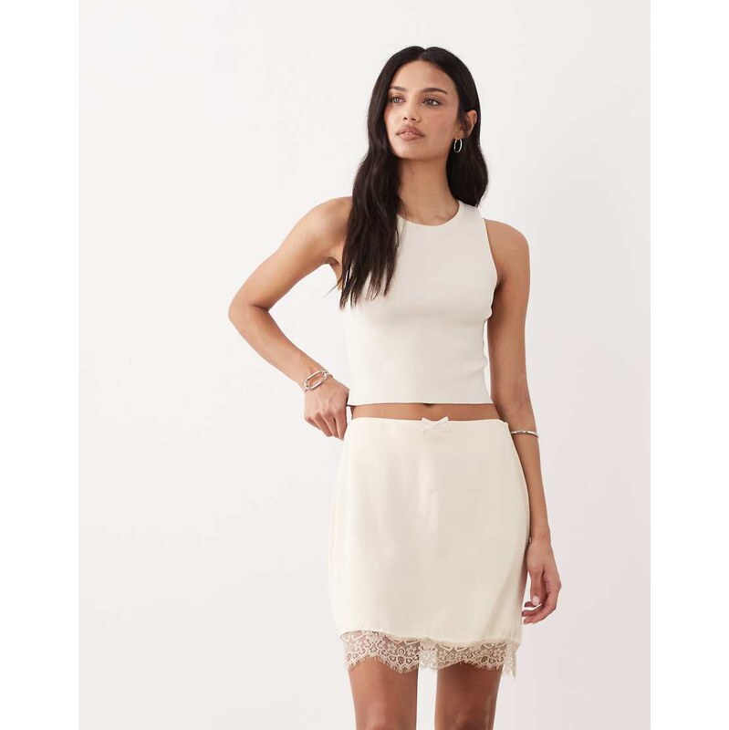 Miss Selfridge satin lace trim mini skirt in cream-White