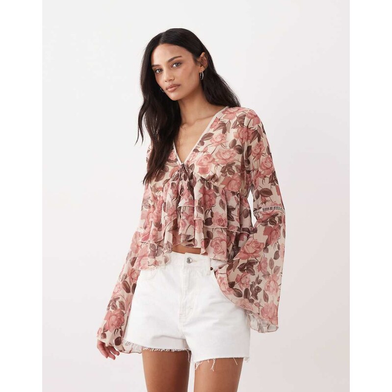 Miss Selfridge flared sleeve ruffle blouse in floral print-Multi 114339482