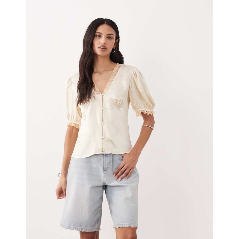 Miss Selfridge satin lace trim tea top in cream-White