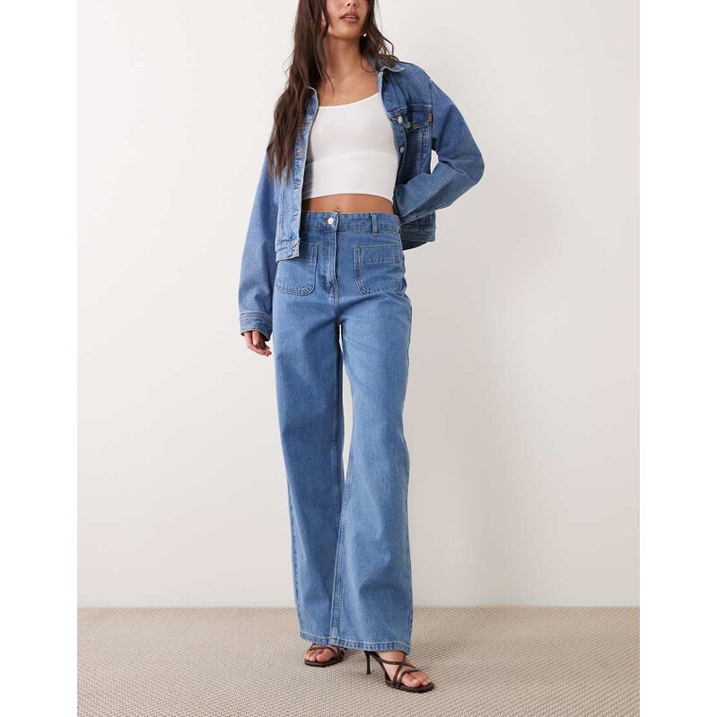 ASOS DESIGN patch pocket straight leg jean in mid blue