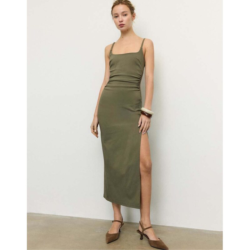 Stradivarius Bengaline midi dress with square neckline in khaki-Green 114339533