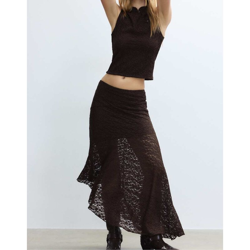 Stradivarius Asymmetric lace midi skirt in brown 114339543