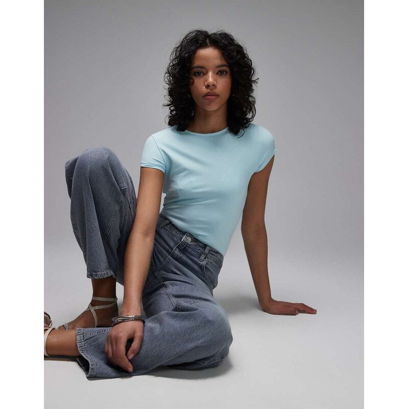 ASOS DESIGN polyamide slinky short sleeve bodysuit in light blue