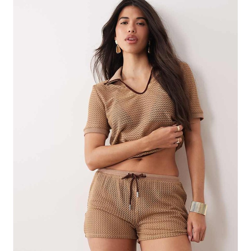 Kaiia exclusive contrast trim crochet shorts co-ord in beige