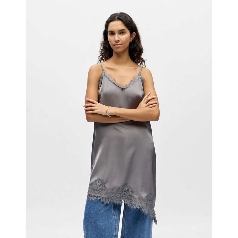 Object asymmetric slip dress with lace detail in grey 115506806