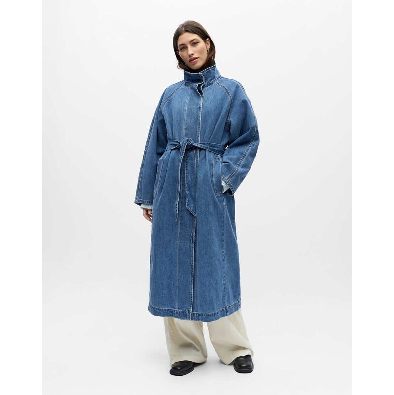 Object funnel neck trench coat in medium blue denim 115507549
