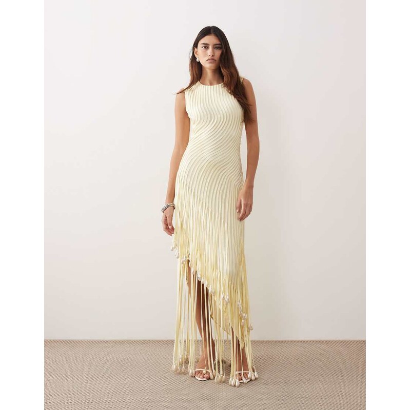 ARRANGE wave linear pearl droplet fringe hem maxi dress in butter 114343035