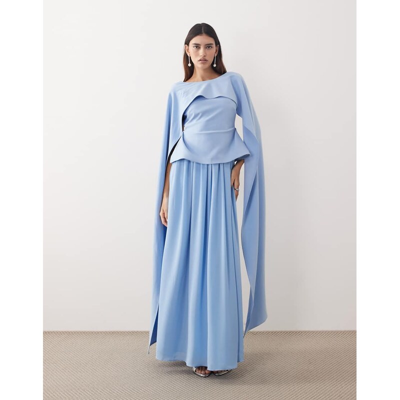 ARRANGE drape shoulder layered pleated maxi dress in pale blue