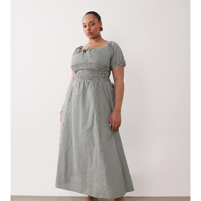 Esmee Curve puff sleeve tie front maxi beach dress in olive gingham 115130655
