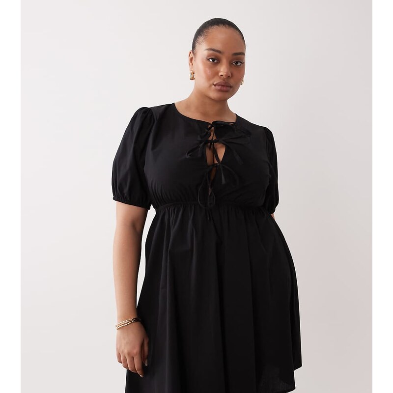 Esmee Curve Exclusive tie front puff sleeve mini beach dress in black 114343071