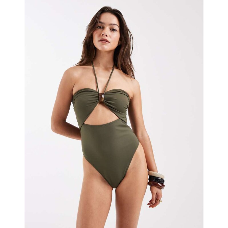 4th & Reckless bandeau halterneck gem detail cutout high leg swimsuit 114343141