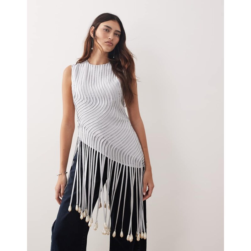 ARRANGE wave linear pearl droplet fringe hem top in soft blue-Grey 114351233