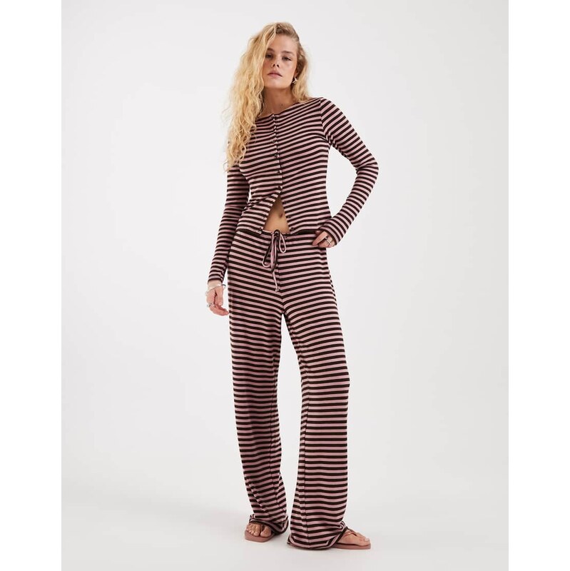 JJXX soft stripe trouser co-ord in brown and pink 114448379