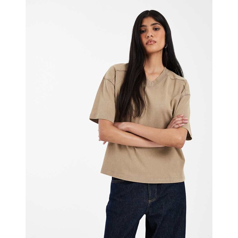 ASOS DESIGN regular fit v neck detail tee in washed stone
