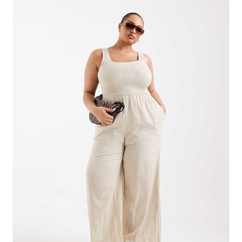 Brave Soul Plus Brave Soul Curve scoop neck jumpsuit in cream-White 114343045