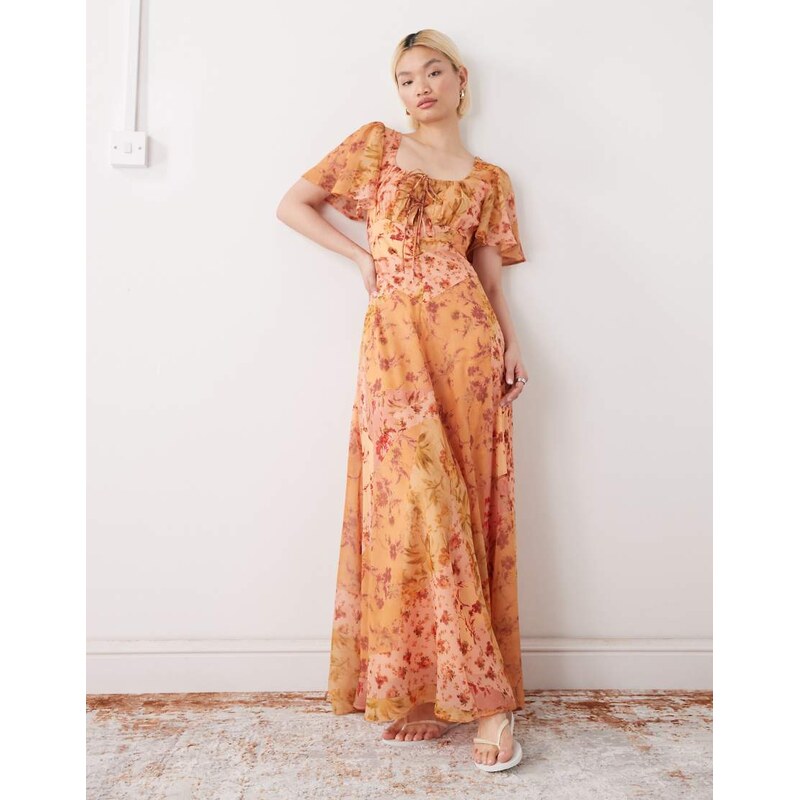 Reclaimed Vintage maxi tea dress with double cape sleeve and