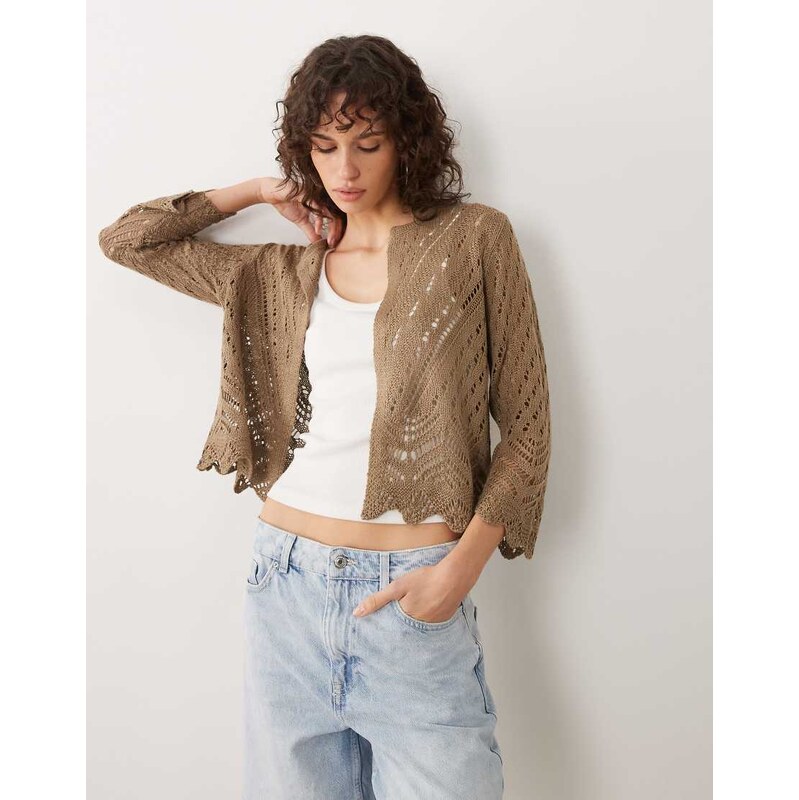 JDY knitted 3/4 length sleeve cardigan in light brown 115518431