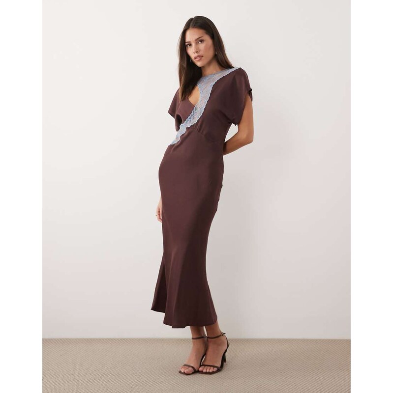 ASOS DESIGN lace applique grown on sleeve bias cut satin midi