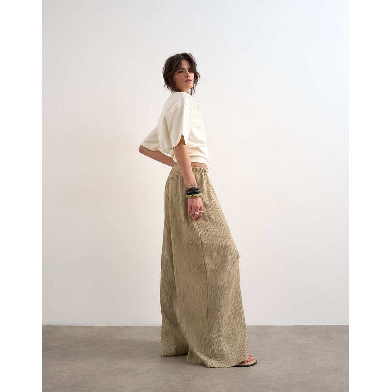 Topshop plisse straight leg trouser in beige-Neutral