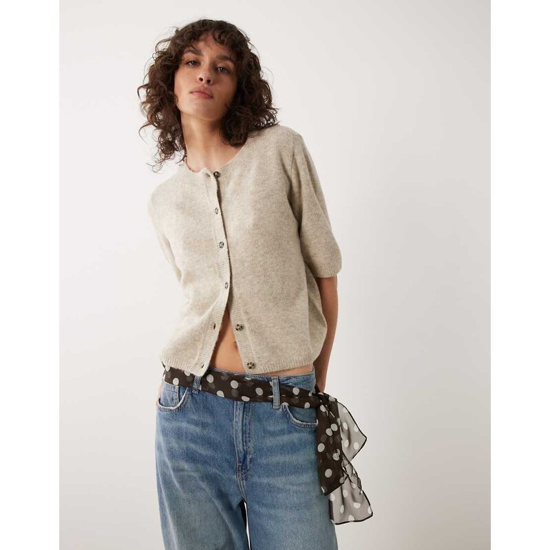 JDY short sleeve knitted cardigan with wool in beige-Neutral 115519651
