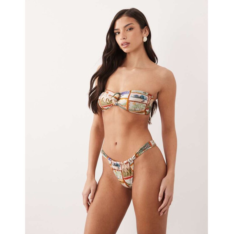 ASOS DESIGN Posey ruched tanga bikini bottom in postcard print-Multi 115520490