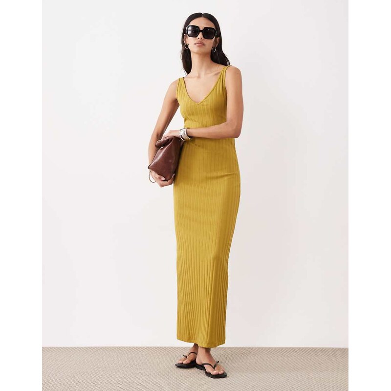 ASOS DESIGN wide rib sleeveless V neck midi dress in mustard