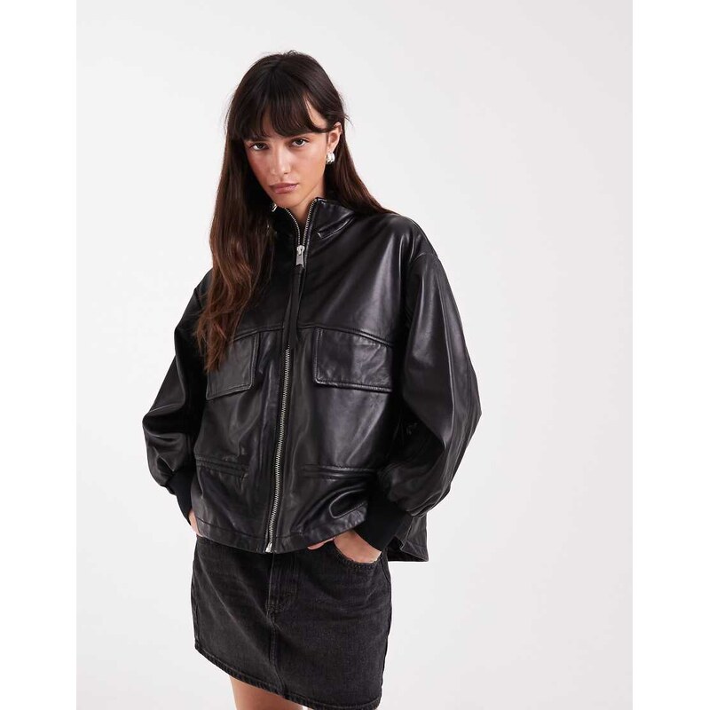 AllSaints Flor zip through cinched leather jacket in black 114343236