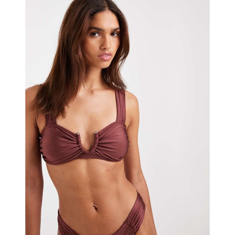 Vero Moda U wire ruched bikini top in burgundy-Red