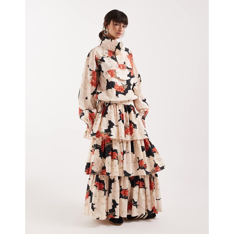 ASOS DESIGN tiered drop waist maxi skirt in red floral co ord