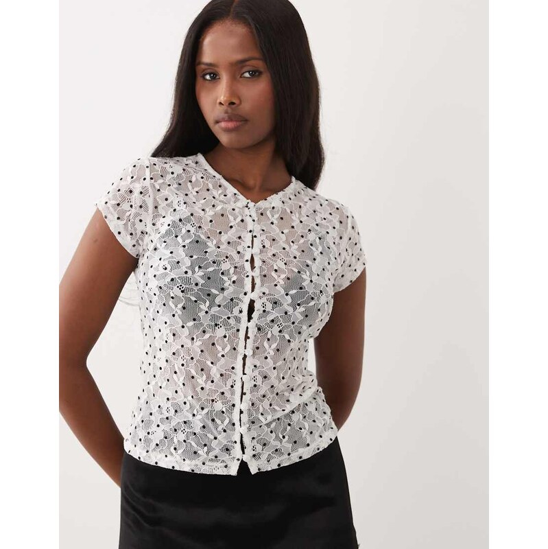 ASOS DESIGN button down cap sleeve top in lace flock-Multi