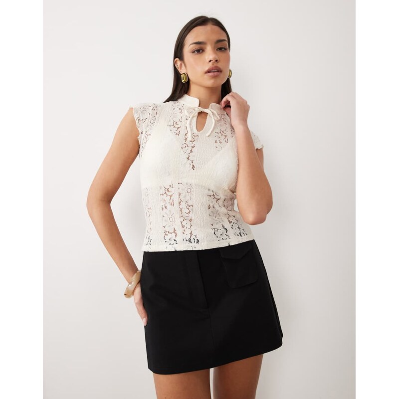ASOS DESIGN stand up collar top with tie detail in cream-White