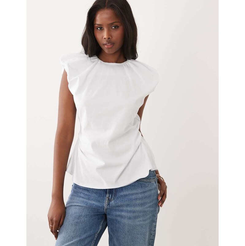 ASOS DESIGN cap sleeve ruched open back top in white