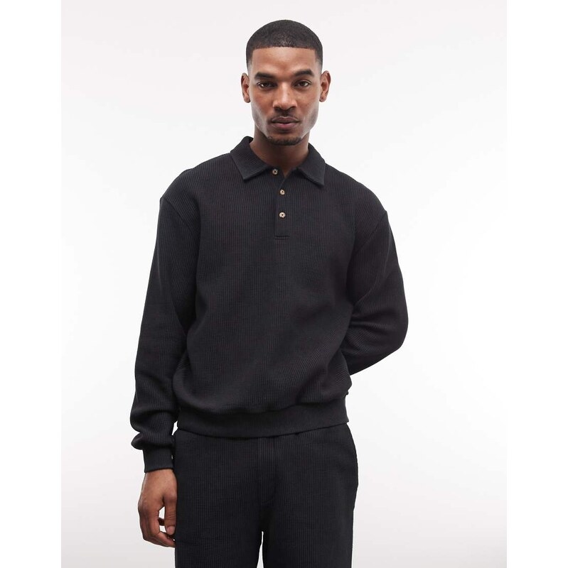 ASOS DESIGN relaxed ribbed jersey polo co-ord in washed black