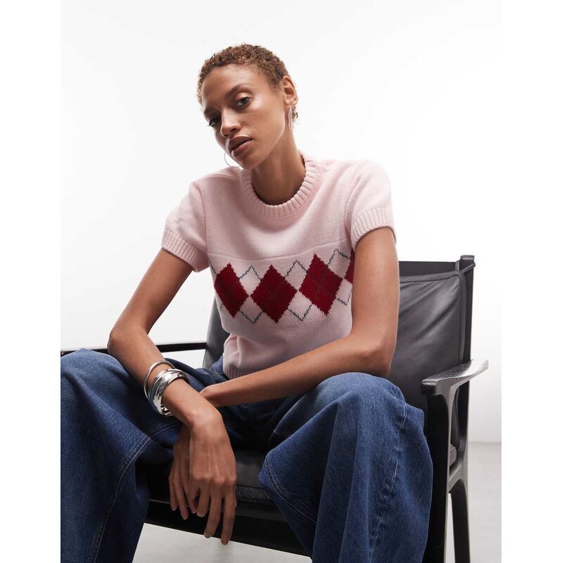 COLLUSION arygle cap sleeve knitted top in pink 114351273