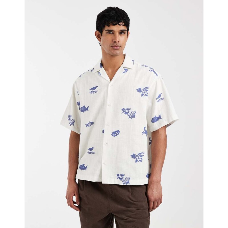 ASOS DESIGN oversized shirt with all over print in off white