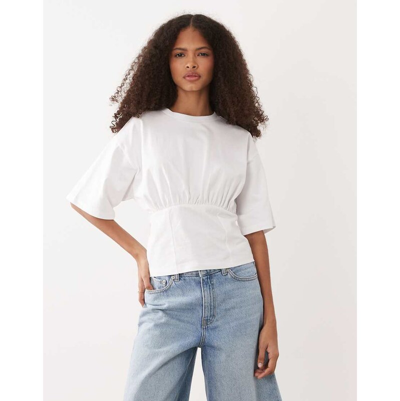 ASOS DESIGN lace up back cinch waist t shirt in white