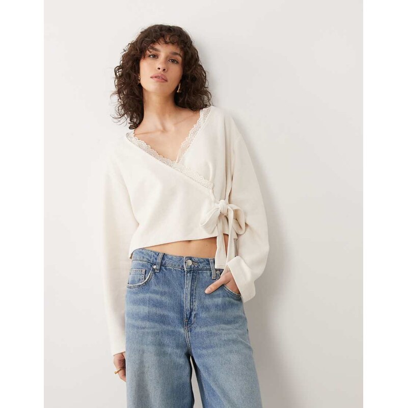Miss Selfridge wrap top in soft rib with lace trim in cream-White 114343357