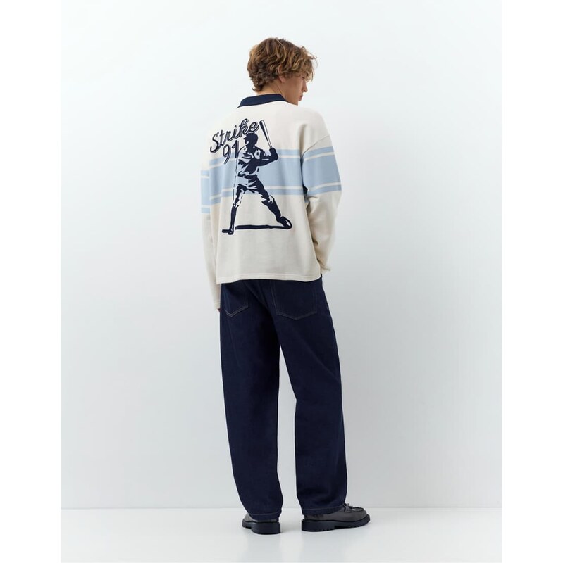 Pull&Bear Long sleeve paneled polo shirt in off white